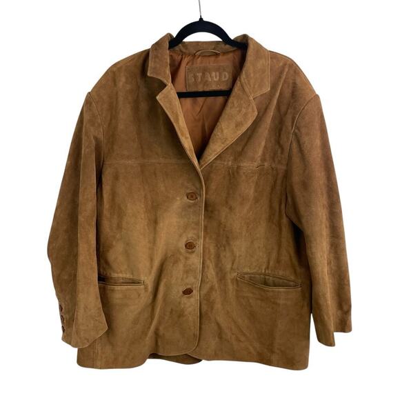 Staud Corrine Suede Calf Leather Single Breasted Blazer Jacket Tan Brown Size XL - Picture 3 of 14